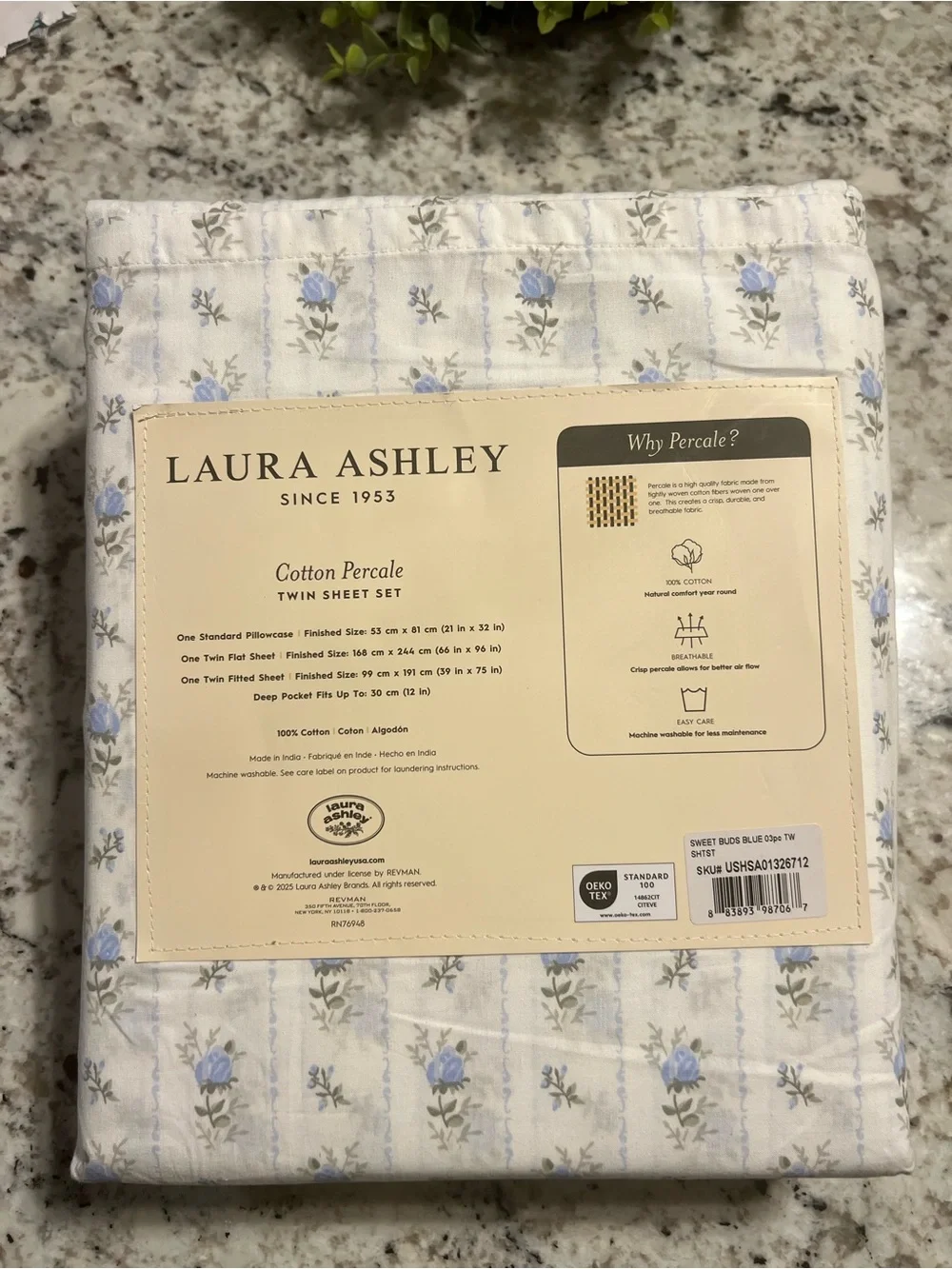 Laura Ashley Sweet Buds Blue Floral Cotton Percale Twin Sheet Set